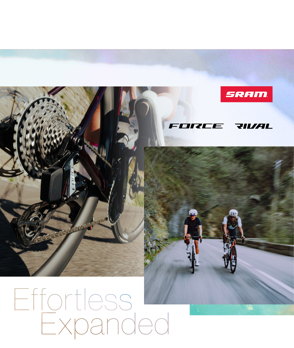  스램 포스 E1 체인과 스램 라이벌 구동계를 장착한 로드바이크가 고속 주행하며 부드러운 변속 성능을 보여줍니다
